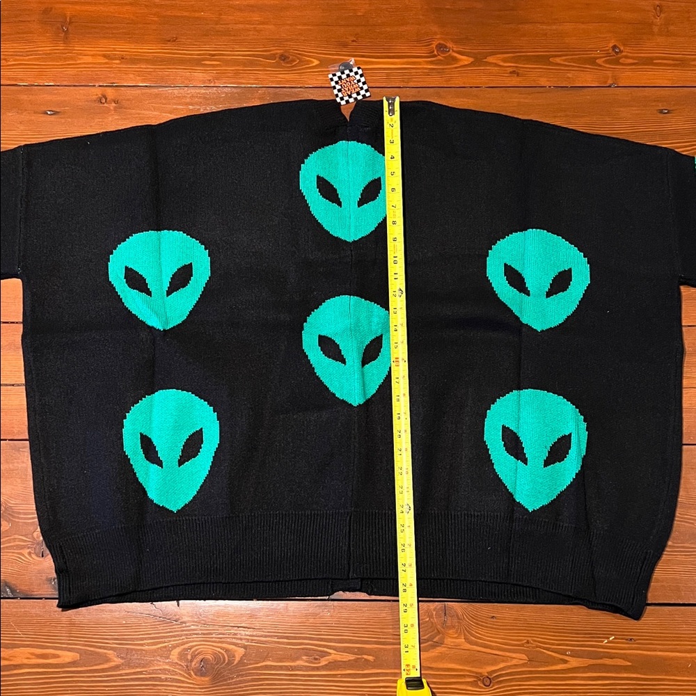 Dressed in LALA Black Cardigan with Neon Green Alien Heads - Picture 10 of 13